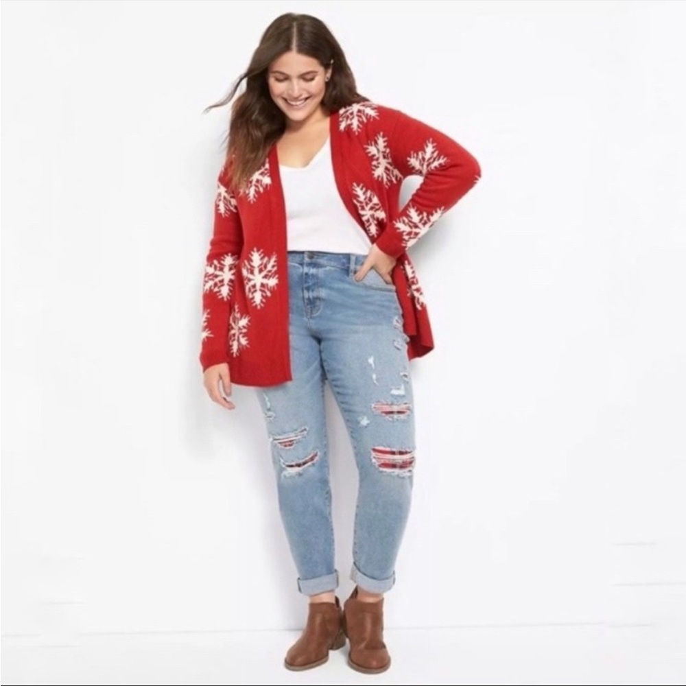 Lane Bryant Flex Magic Waistband Mid Rise Boyfriend distressed plaid patch jeans